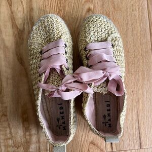Manebi Womens Fabric Espadrilles Sneakers Raffia Lace Up Beige Pink Size 38 US 7